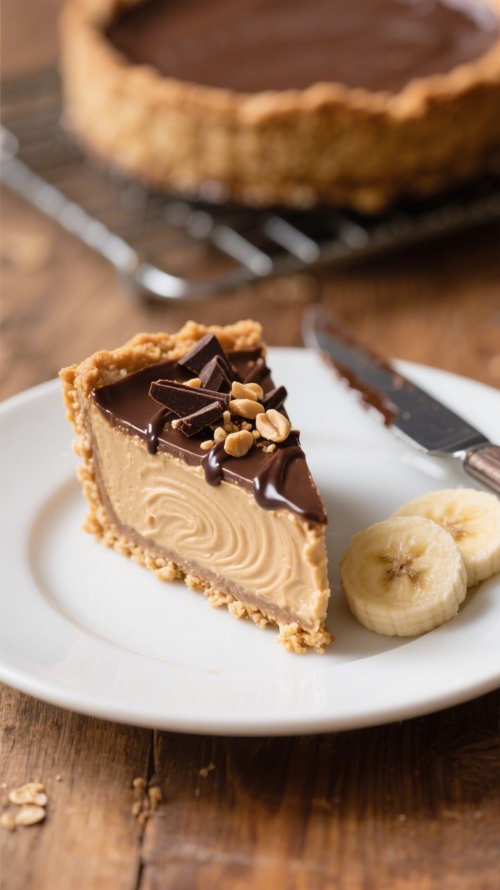 Final plated slice of healthy peanut butter pie, three-quarter close-up: a clean, tall slice with ra