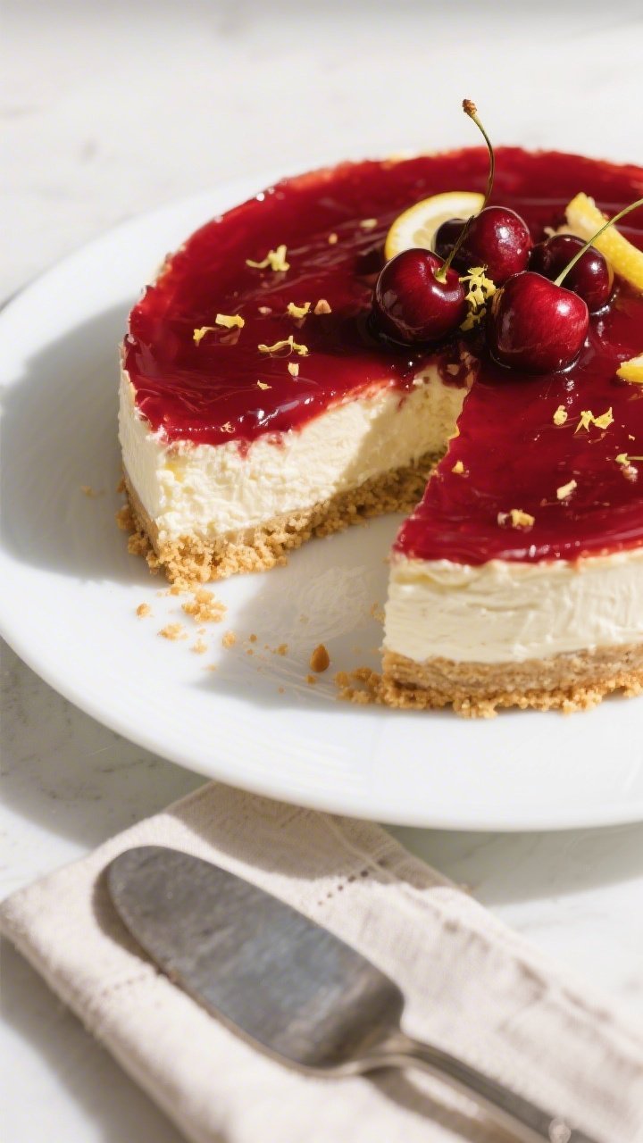 Final plated, tasty top view: Overhead shot of a chilled keto cherry cheesecake on a white 9-inch pl