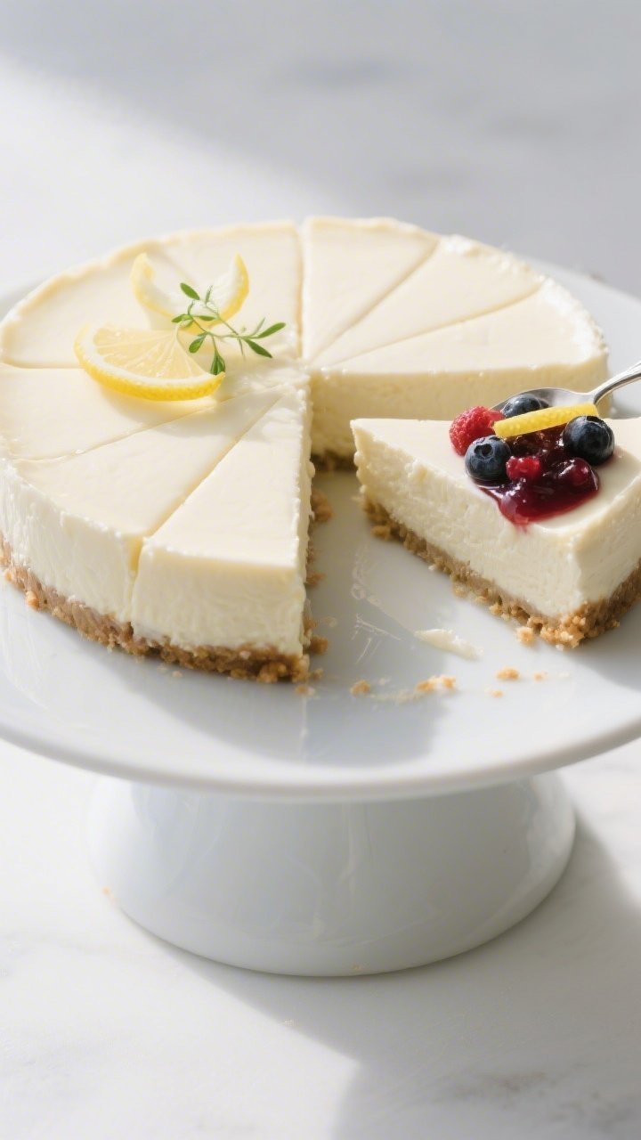 Final plated, tasty top view: Overhead shot of a fully chilled, crustless keto cheesecake with clean