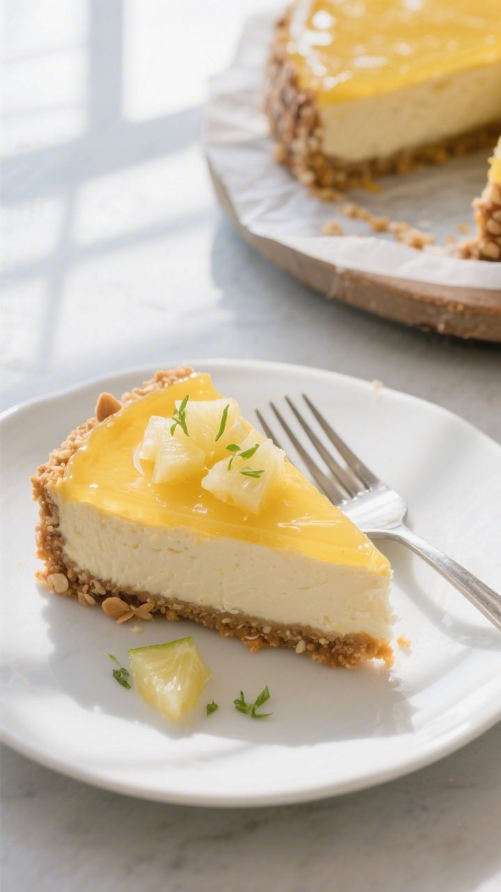 Final plated top view: Keto pineapple cheesecake fully set with a translucent low-carb pineapple gel