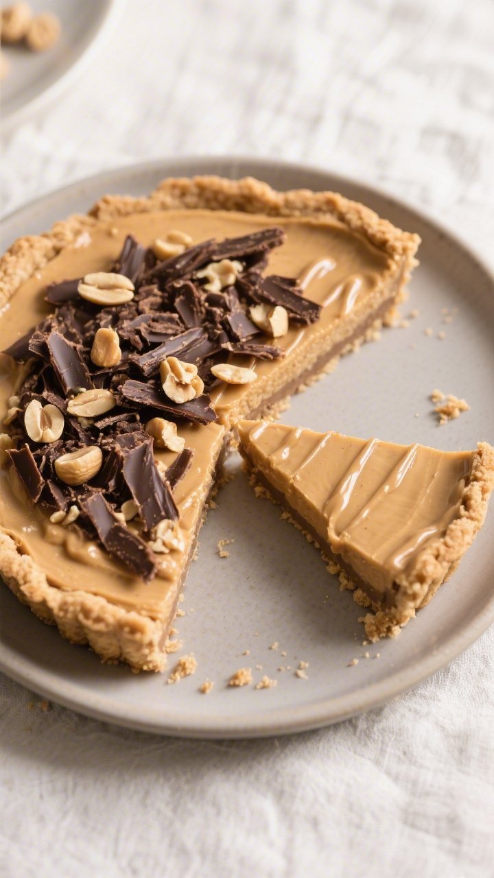 Final plated, top view: Overhead shot of a fully set No-Bake Peanut Butter Protein Pie with a neat s