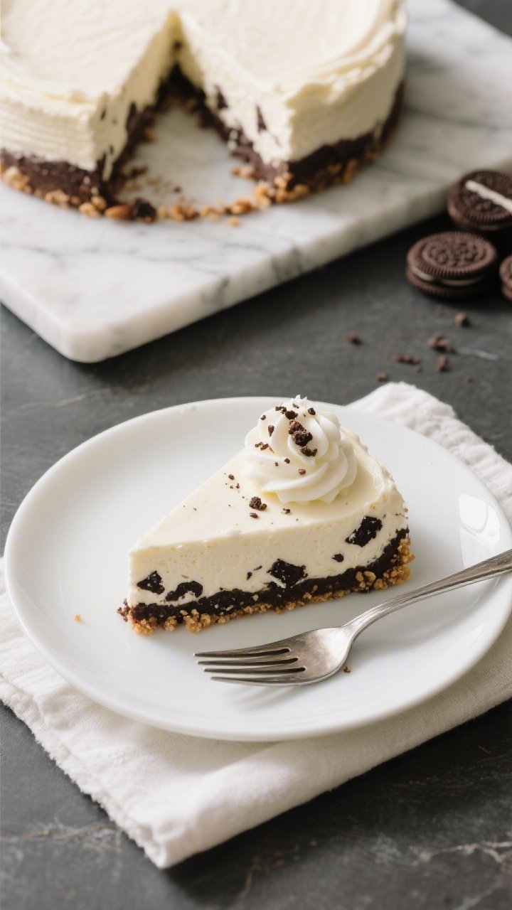 Final plated, top view: Overhead shot of a slice of Keto Cookies & Cream Cheesecake on a white porce