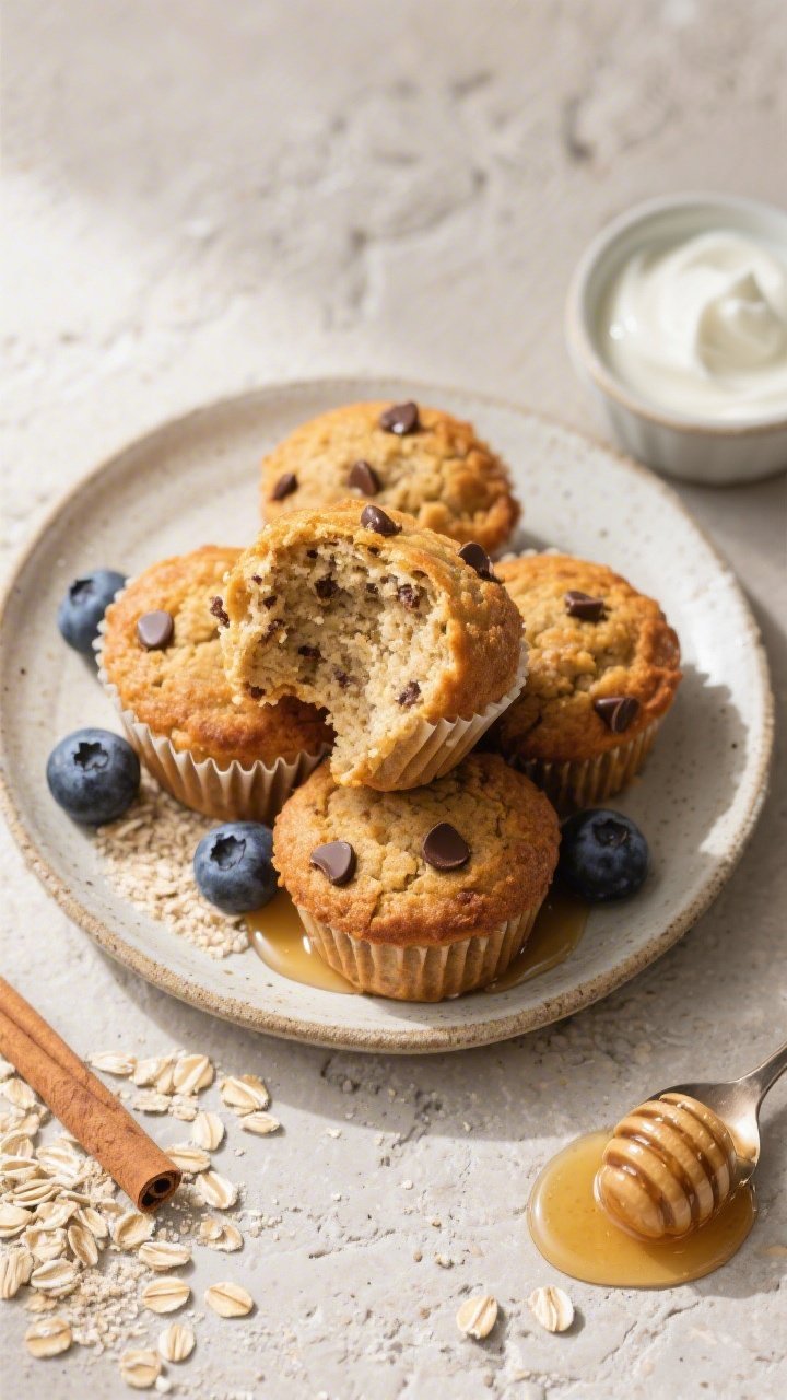 Final presentation overhead: Tasty top-down shot of a rustic ceramic plate piled with oat flour prot