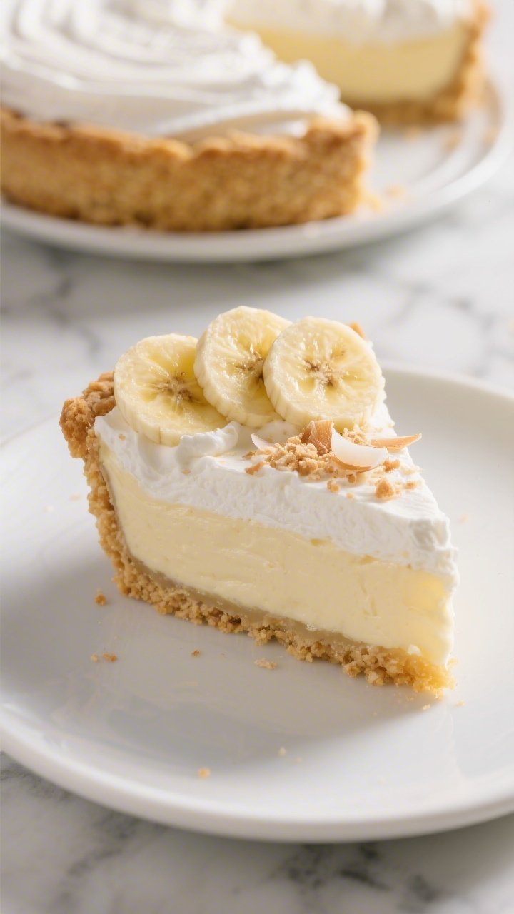 Final presentation — Protein Banana Cream Pie slice: close-up, three-quarter angle of a perfectly 