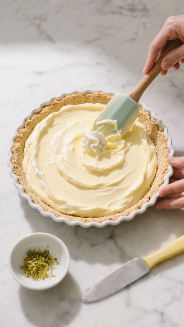 Overhead cooking-process shot: The baked almond flour crust in a 9-inch pie plate, fully cooled and 