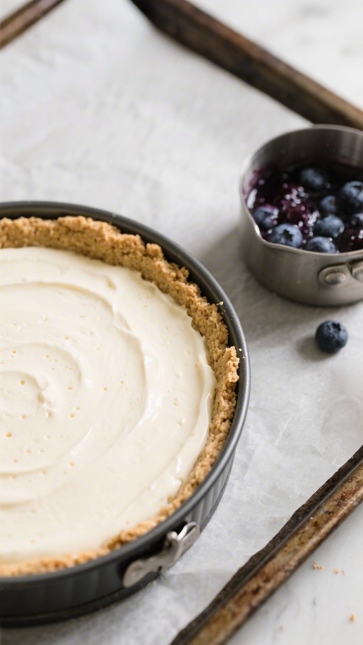 Overhead cooking-process shot: The par-baked almond flour crust in a 9-inch springform pan filled wi