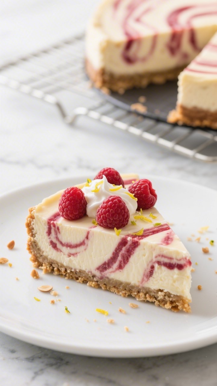 Overhead final presentation: a perfectly sliced wedge of Keto Raspberry Swirl Cheesecake on a matte 