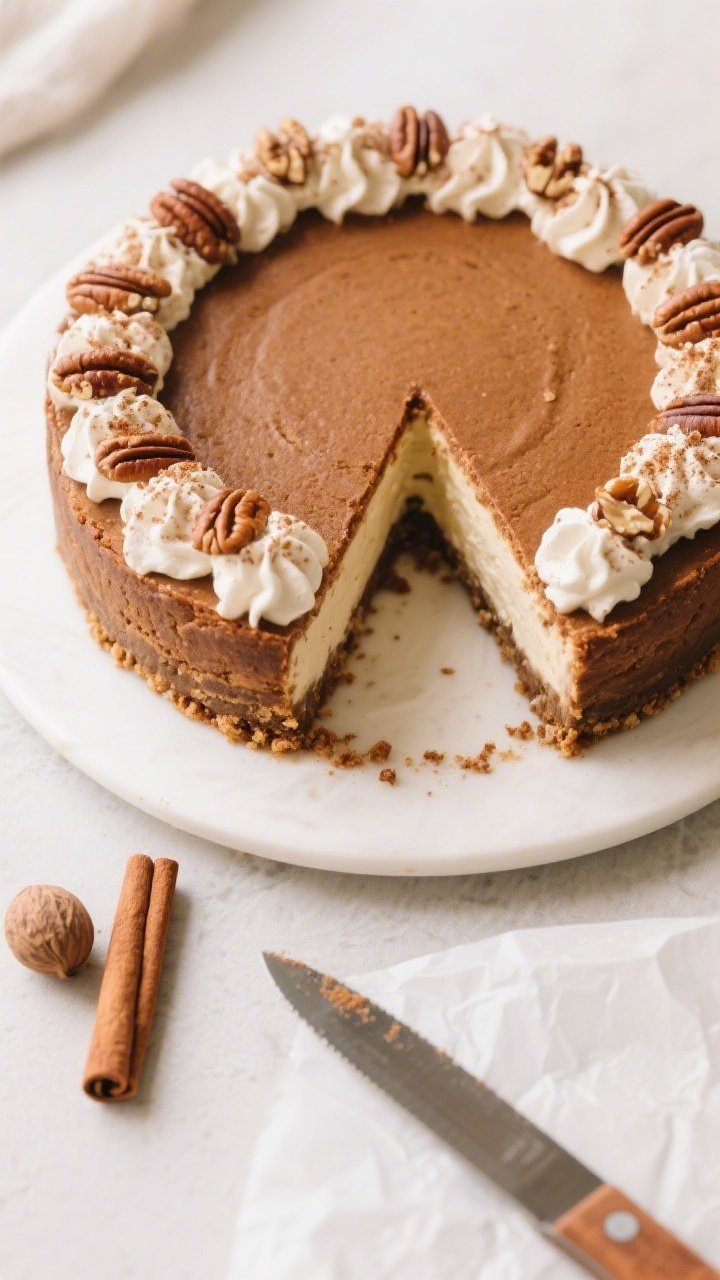 Overhead final presentation: Full 9-inch Keto Gingerbread Cheesecake on a matte white cake stand, cl