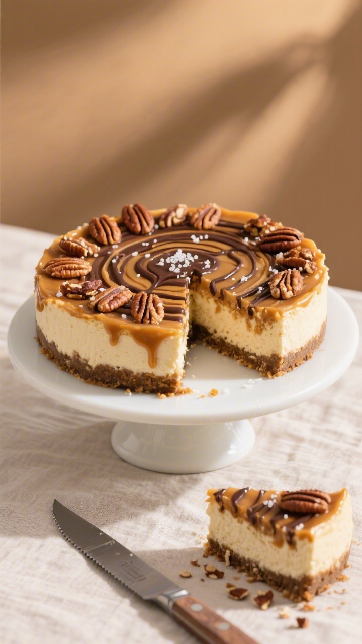 Overhead final presentation: Full 9-inch keto turtle cheesecake on a matte white cake stand, clean s