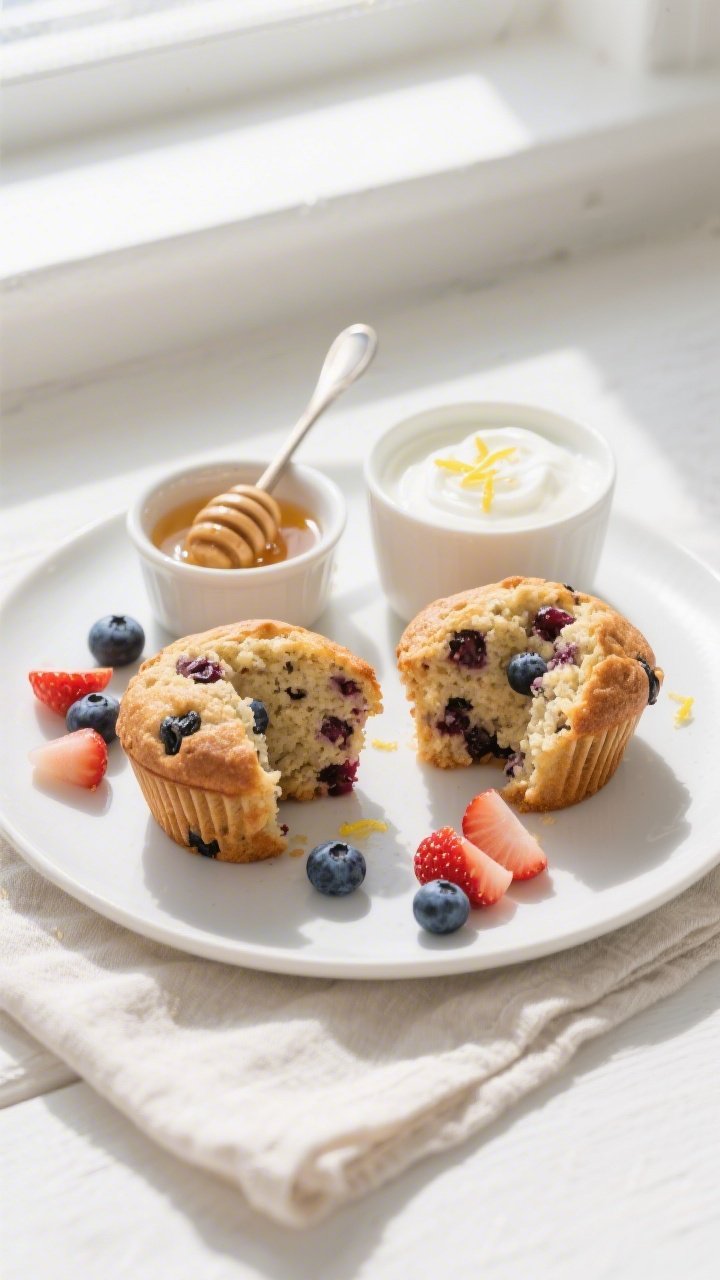 Overhead final presentation of a breakfast spread: two protein berry muffins split open to reveal th