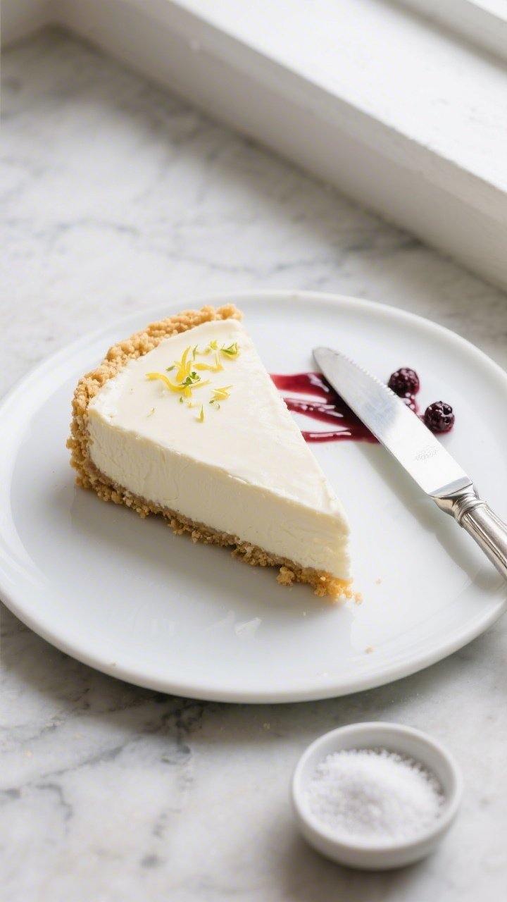 Overhead final presentation of a chilled, clean-sliced keto cheesecake on a matte white platter: one