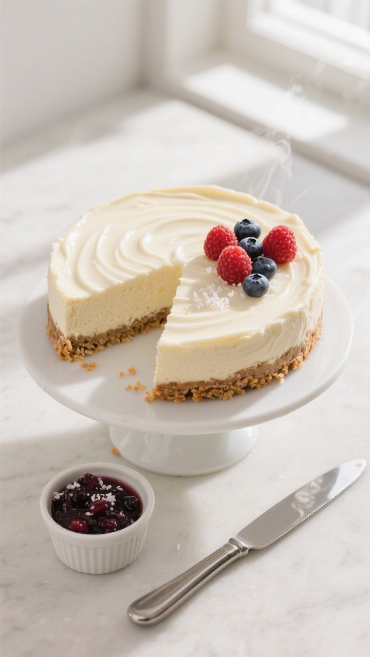 Overhead final presentation of a chilled, clean-sliced Keto Starbucks-style cheesecake on a white ce