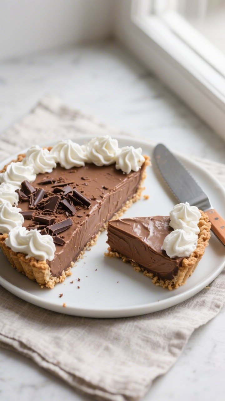 Overhead final presentation of a chilled Low-Carb Chocolate Cream Pie: neat wedge removed and plated
