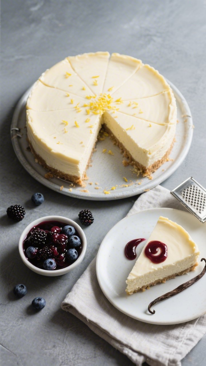 Overhead final presentation of a fully chilled keto crustless cheesecake on a 9-inch springform base