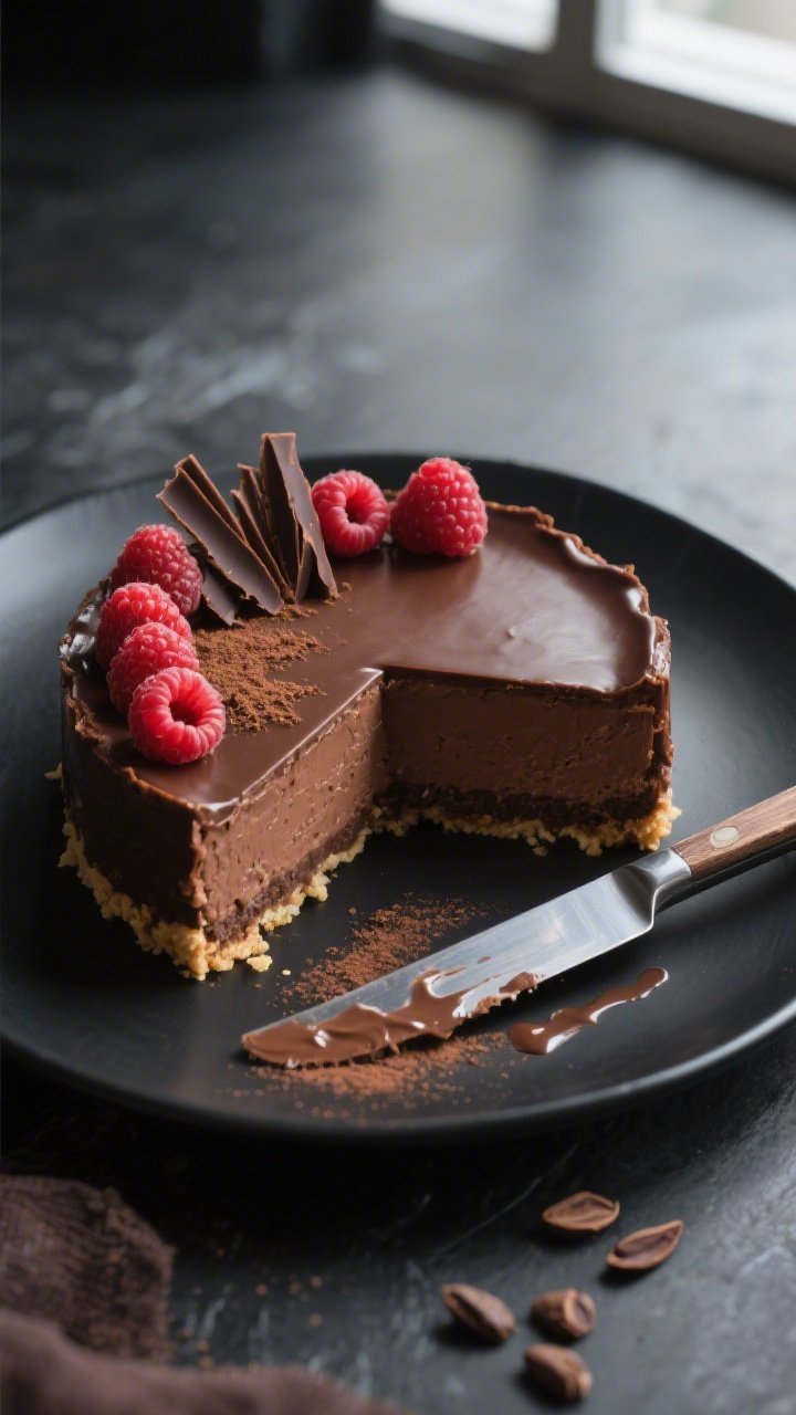 Overhead final presentation of a neatly sliced keto triple chocolate cheesecake on a matte black pla