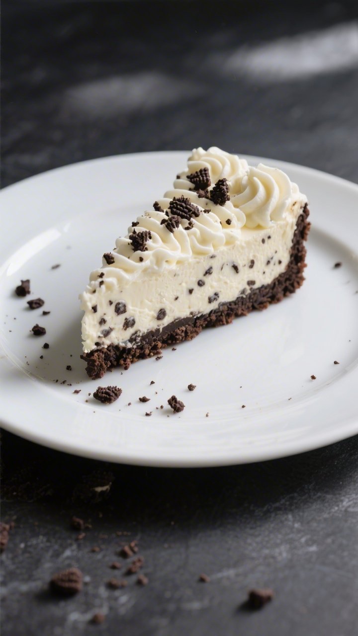 Overhead final presentation of a single slice of Keto Oreo Cheesecake on a matte white plate, topped