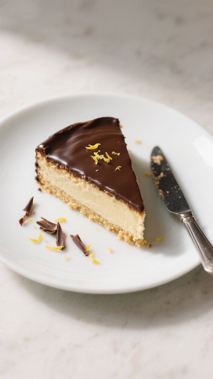Overhead final presentation of a sliced Healthy Boston Cream Pie: neat wedge removed and plated to t