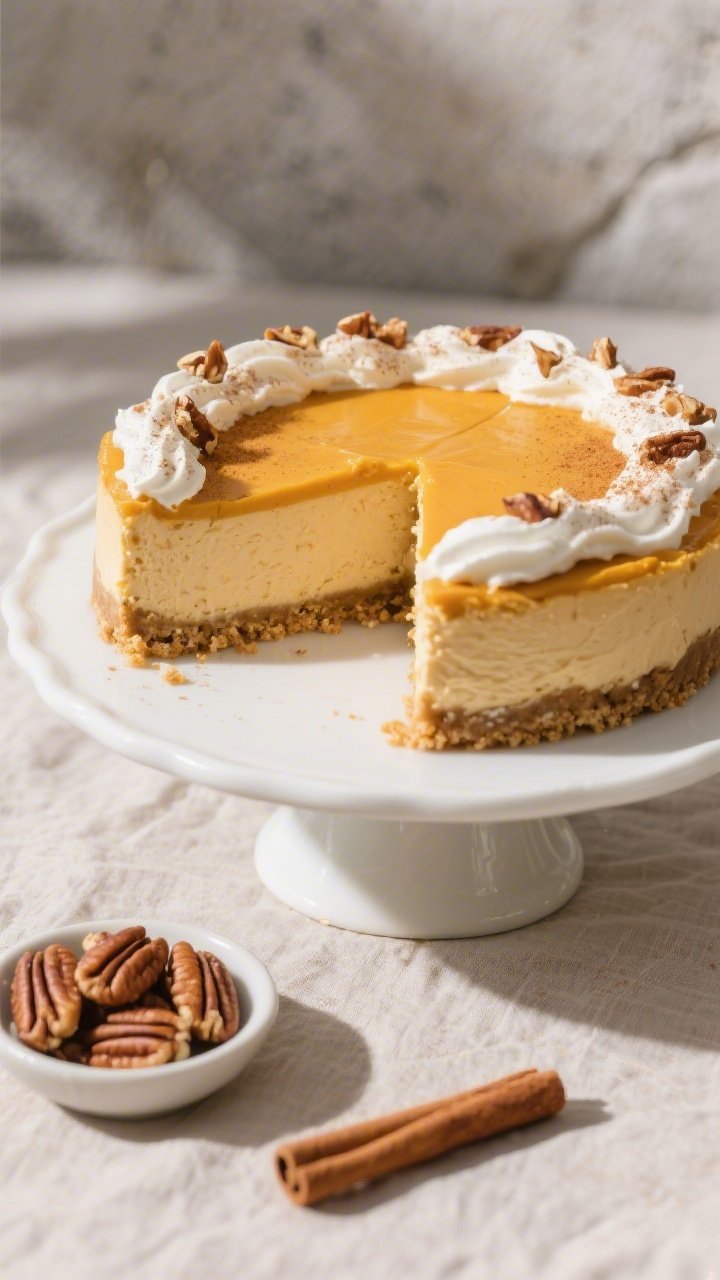 Overhead final presentation of a sliced keto pumpkin cheesecake on a white ceramic cake stand: one g