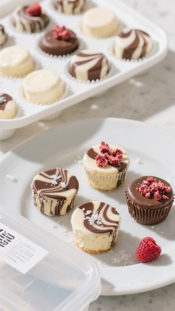 Overhead final presentation of assorted keto cheesecake fat bombs in a matte white mini-muffin silic