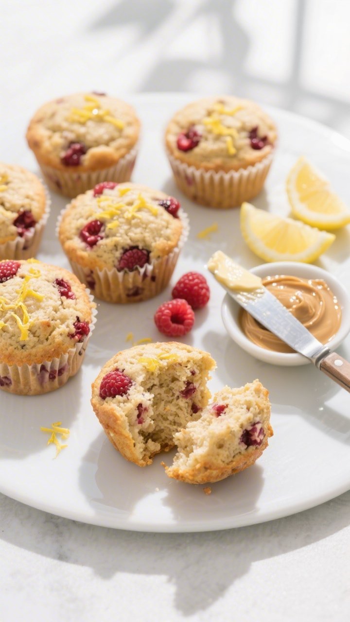 Overhead final presentation of lemon raspberry protein muffins on a matte white platter, arranged wi