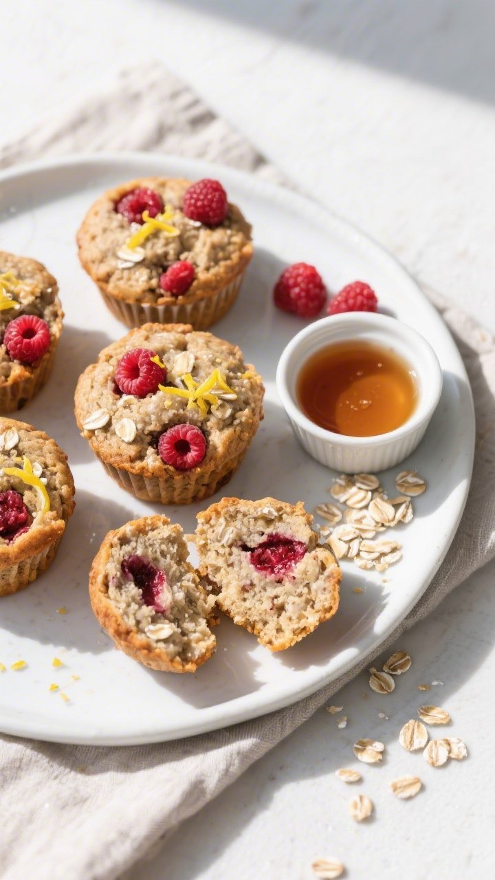 Overhead final presentation of raspberry protein muffins arranged on a white ceramic platter, some h