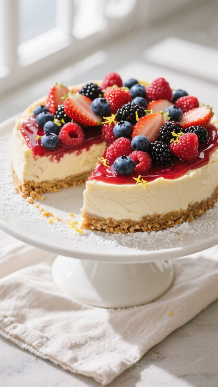 Overhead final presentation of the chilled keto mixed berry cheesecake topped with a glossy mixed-be