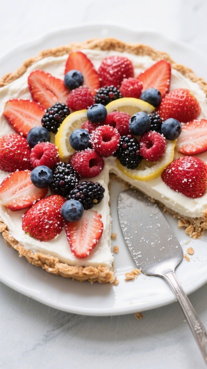 Overhead final presentation of the Keto Berry Cream Pie fully set and topped with a glossy mix of st