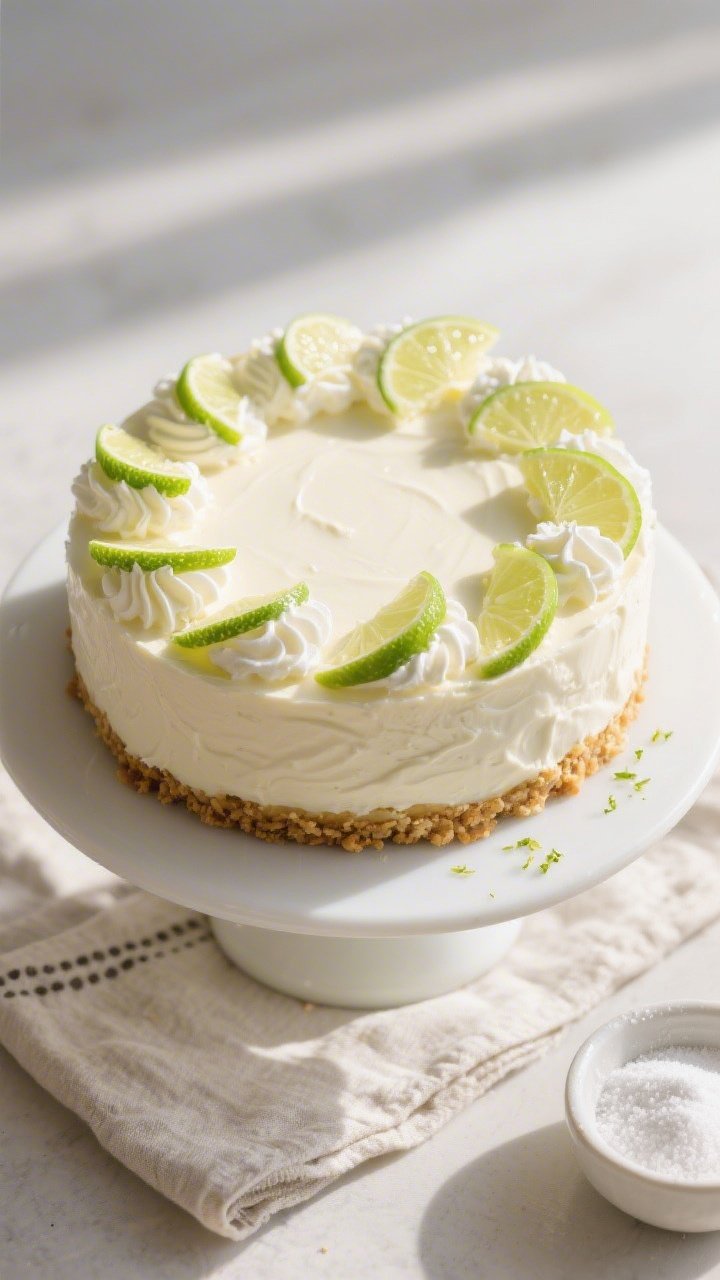 Overhead final presentation of the whole Keto Key Lime Cheesecake on a matte white cake stand: smoot