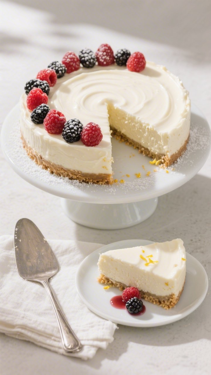 Overhead final presentation shot of a fully chilled Keto New York Style Cheesecake on a matte white 