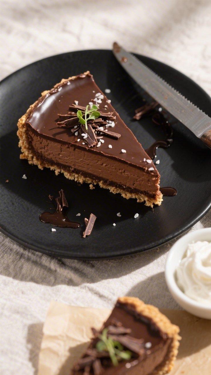 Overhead final presentation: Sliced Keto Death by Chocolate Cheesecake on a matte black plate, clean