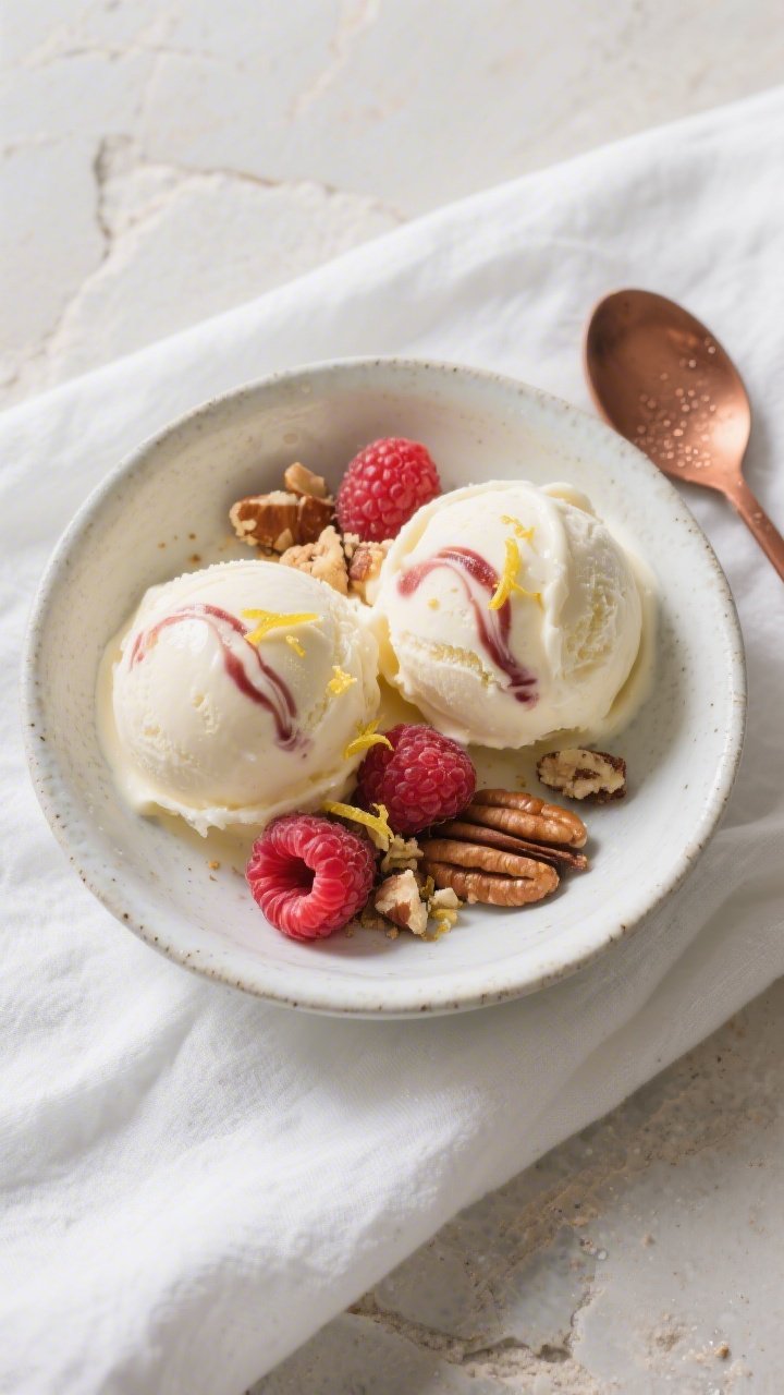 Overhead final presentation: Two perfectly rounded scoops of keto cheesecake gelato in a frosty, sha