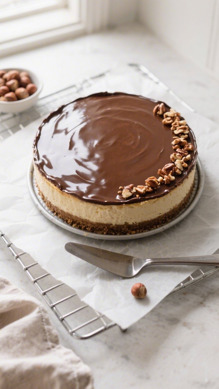 Overhead process shot of the cheesecake just after ganache is spread: a perfectly set, fully chilled