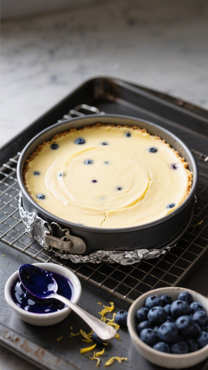 Overhead process shot of the cheesecake just out of the water bath and cooling on a wire rack: the 9