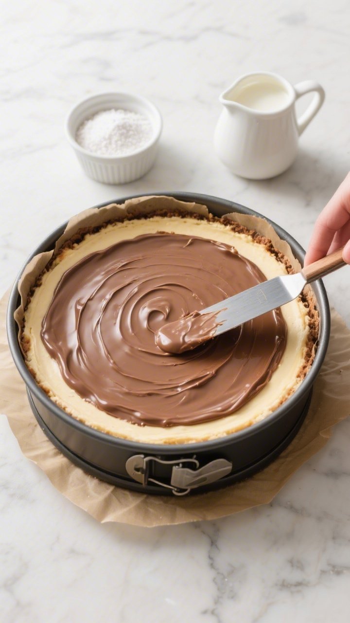 Overhead process shot of the cheesecake right after baking and cooling, still in the 9-inch springfo