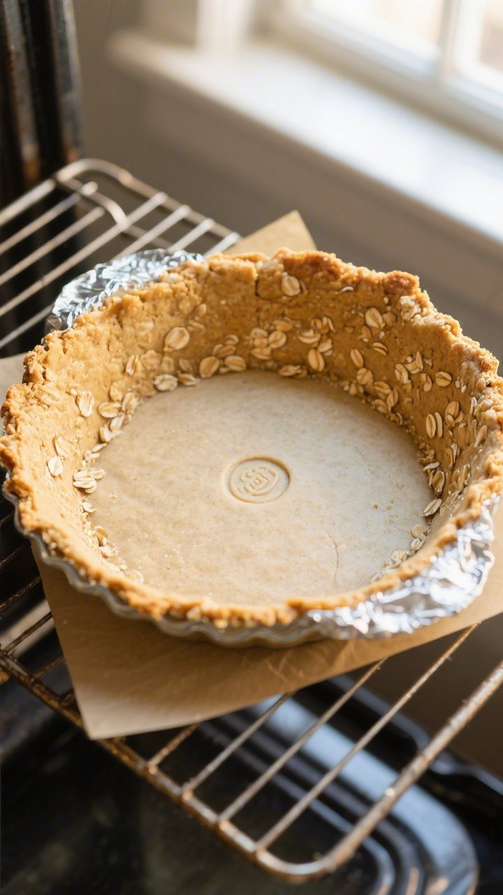 Overhead process shot of the oat crust being pre-baked and set in a 9-inch pie dish: the crust is go