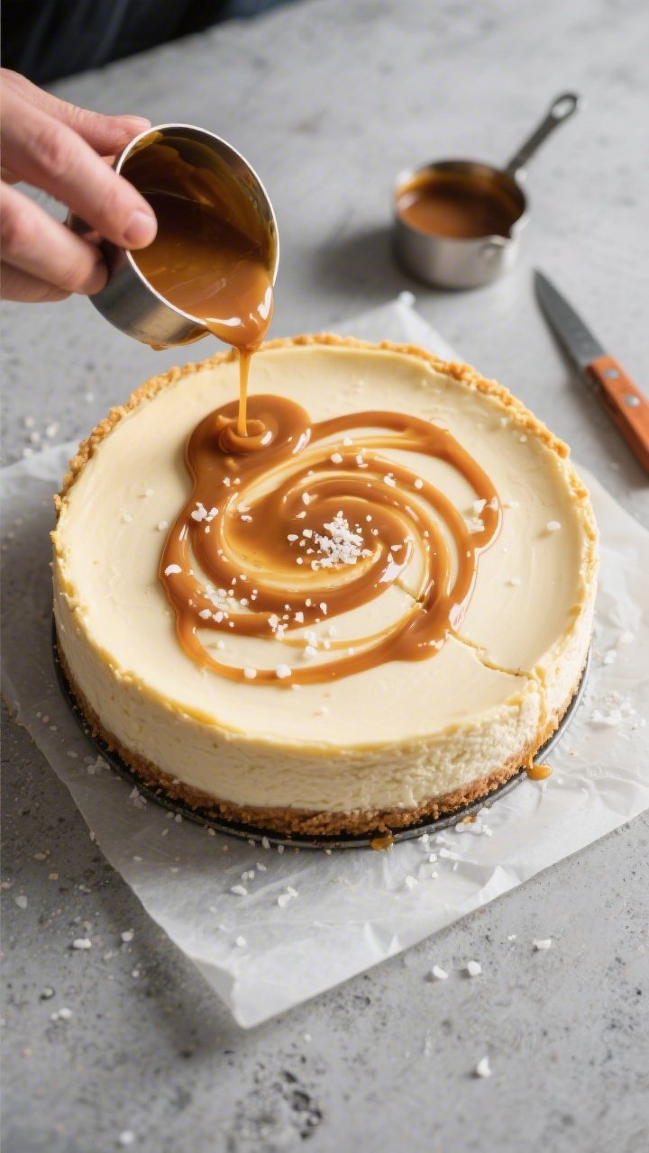 Overhead process shot of the whole baked cheesecake on a parchment-lined springform base as warm ket
