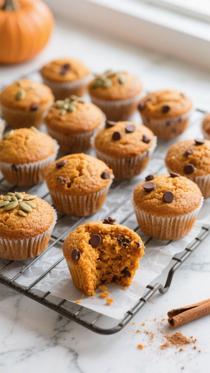 Overhead shot of a cooling rack filled with freshly baked pumpkin protein muffins, golden-brown dome