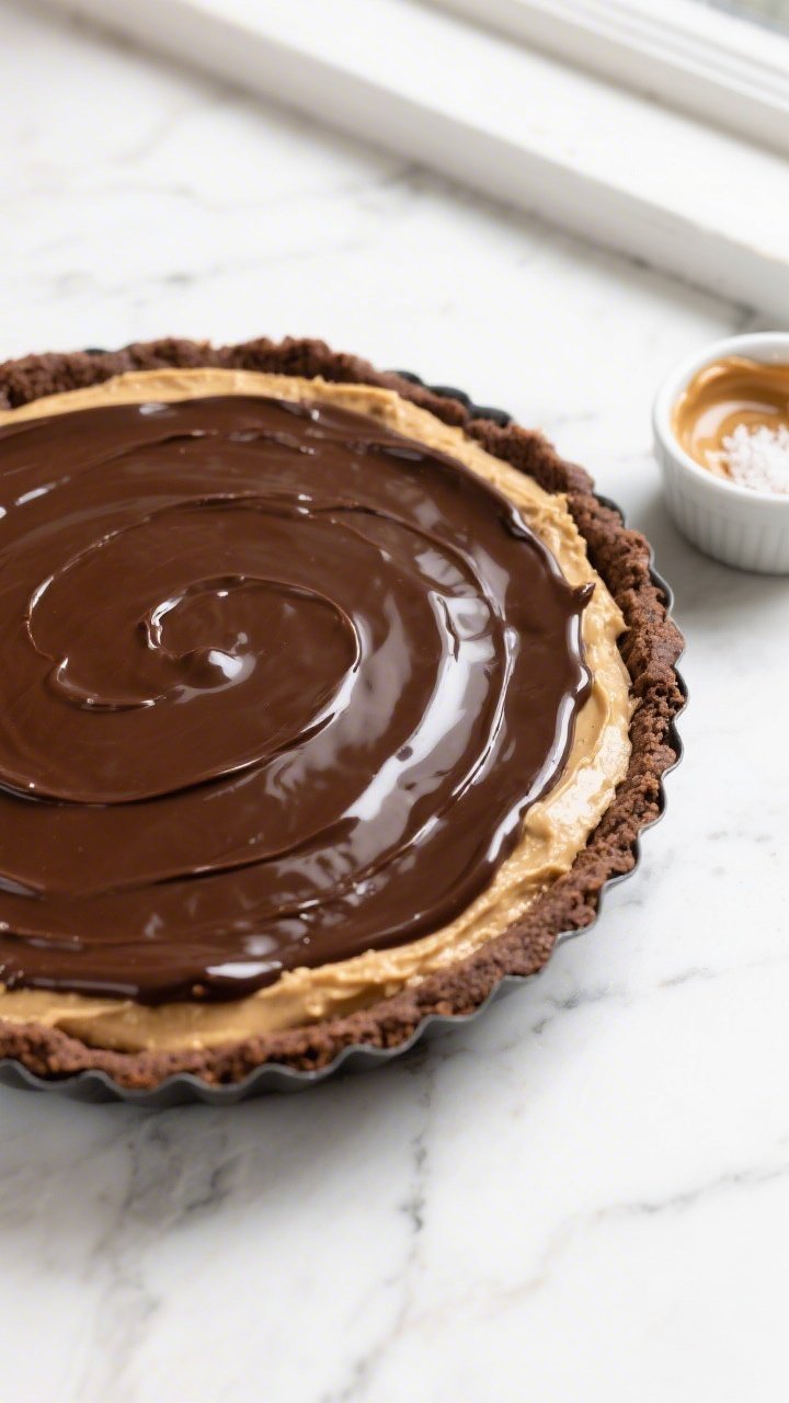 Overhead shot of a freshly assembled Keto Chocolate Peanut Butter Pie after the ganache step: glossy