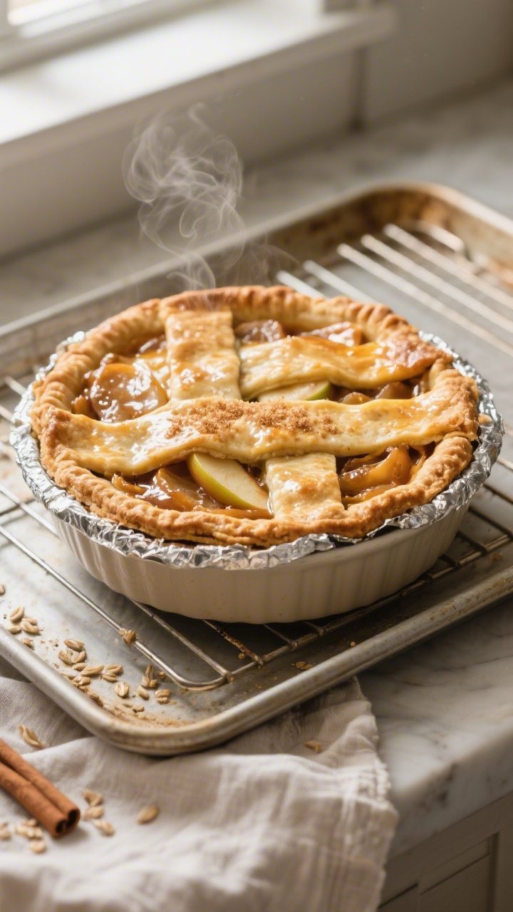 Overhead shot of a freshly baked healthy apple pie just out of the oven, golden whole-grain double c