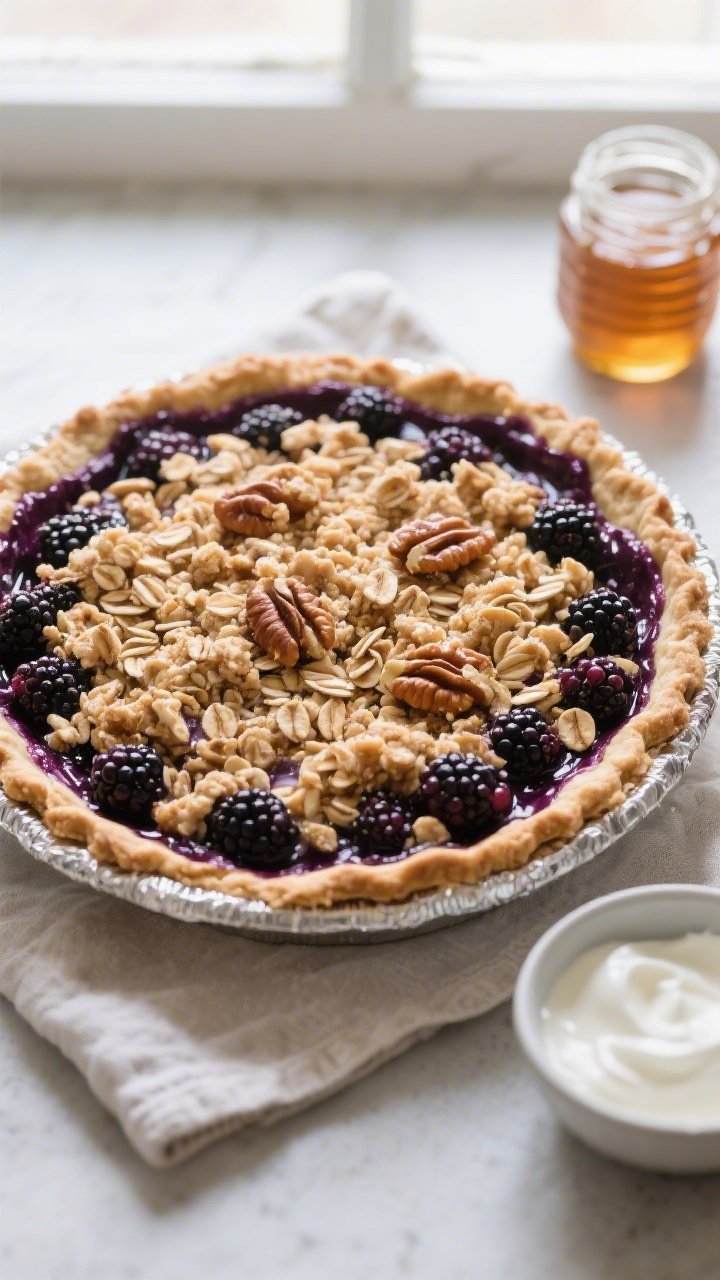 Overhead shot of a freshly baked Healthy Blackberry Crumble Pie just out of the oven: vigorous, inky