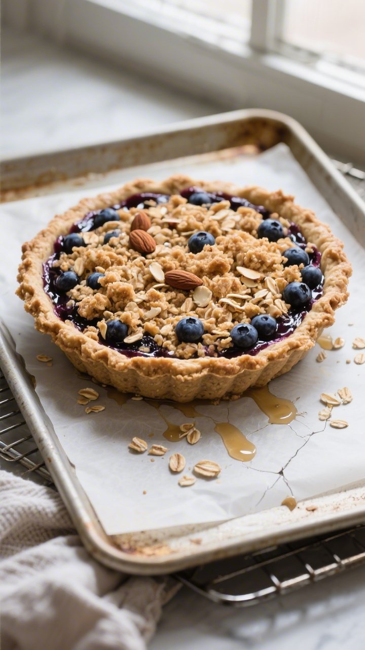 Overhead shot of a freshly baked Healthy Blueberry Crumble Pie just out of the oven on a preheated s
