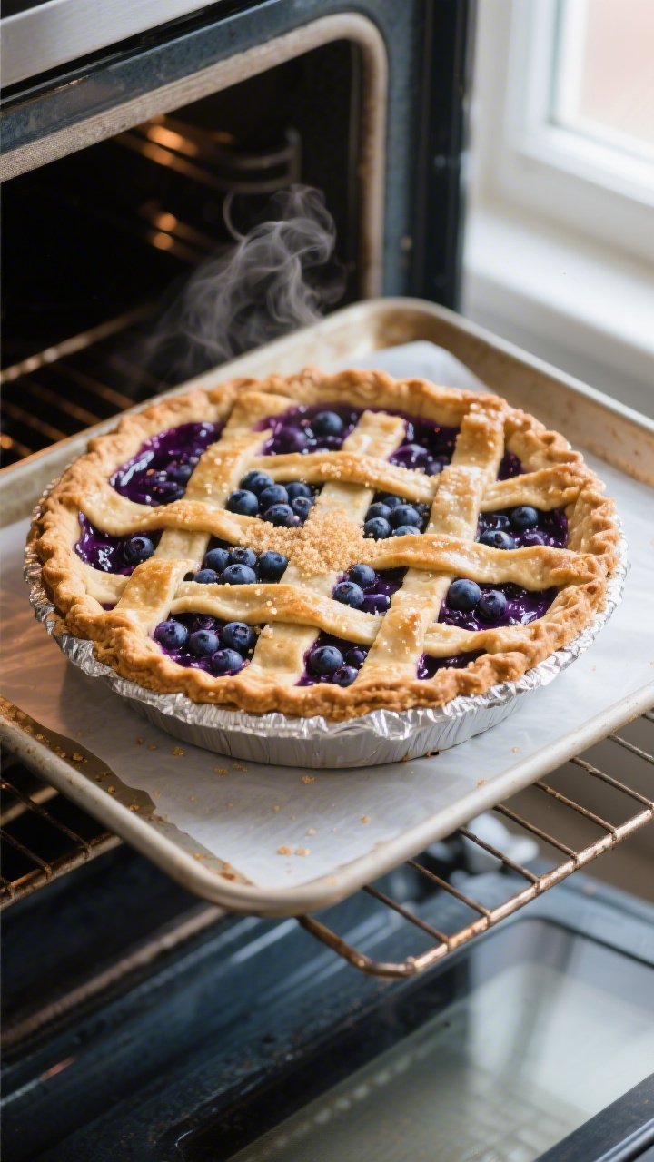 Overhead shot of a freshly baked healthy blueberry pie in a 9-inch dish on the lower rack of an open
