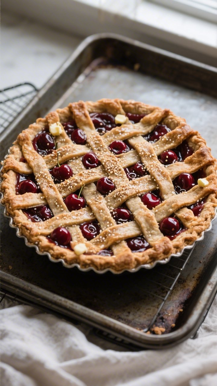 Overhead shot of a freshly baked Healthy Cherry Pie on a preheated baking sheet just pulled from the