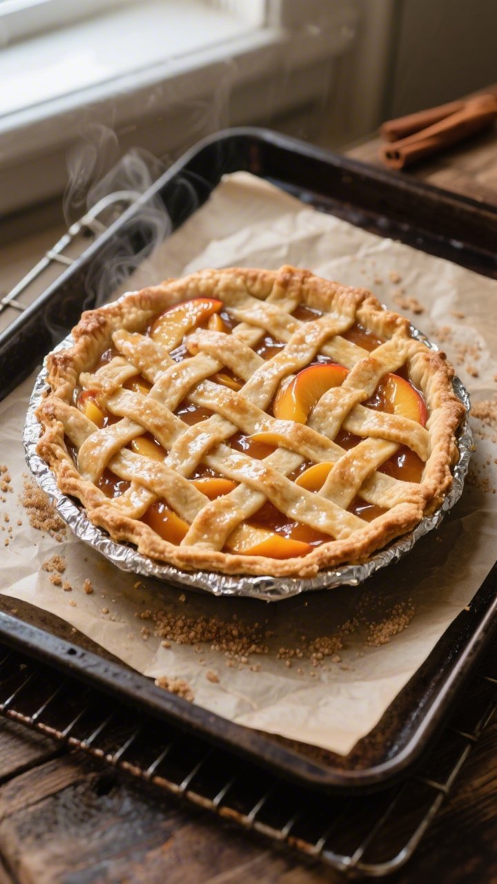 Overhead shot of a freshly baked healthy peach pie just pulled from the oven on a preheated baking s