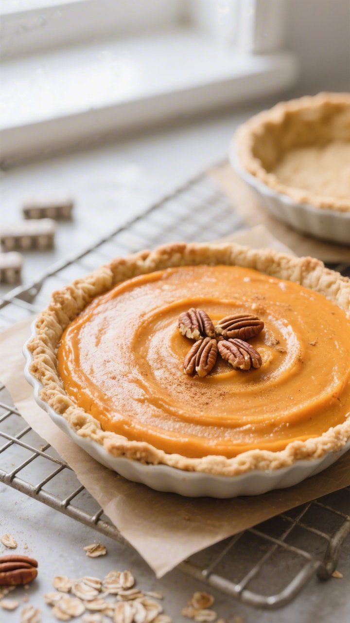Overhead shot of a freshly baked Healthy Sweet Potato Pie cooling on a wire rack, filling set with a