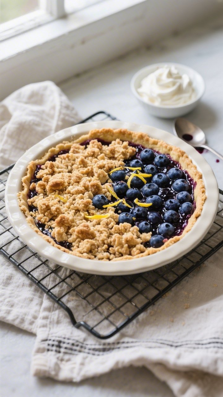 Overhead shot of a freshly baked keto blueberry crumble pie resting on a cooling rack, golden almond
