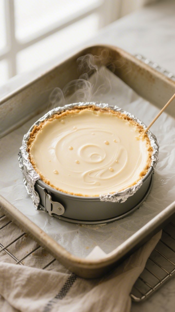 Overhead shot of a freshly baked keto cheesecake still in the springform pan set inside a water bath