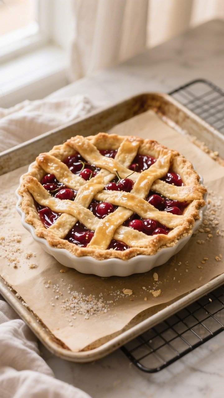Overhead shot of a freshly baked keto cherry pie with a golden almond flour lattice crust, glossy ja