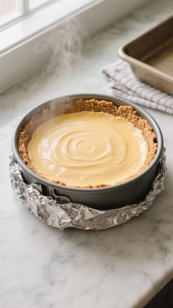 Overhead shot of a freshly baked keto churro cheesecake just out of the water bath, still in a 9-inc