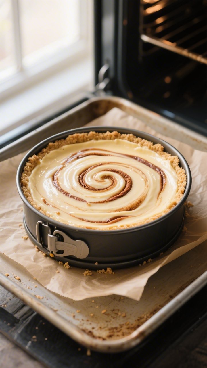 Overhead shot of a freshly baked Keto Cinnamon Roll Cheesecake still in the springform pan on a baki